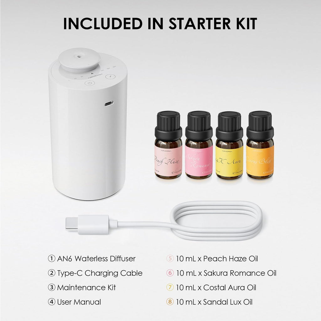 Airversa Waterless Essential Oil Diffuser Starter Kit with 4 x 10mL Fragrance Scent Oil, Battery Operated Mini Scent Air Machine Portable Diffuser for Home Car Office, AN6 White Kit01