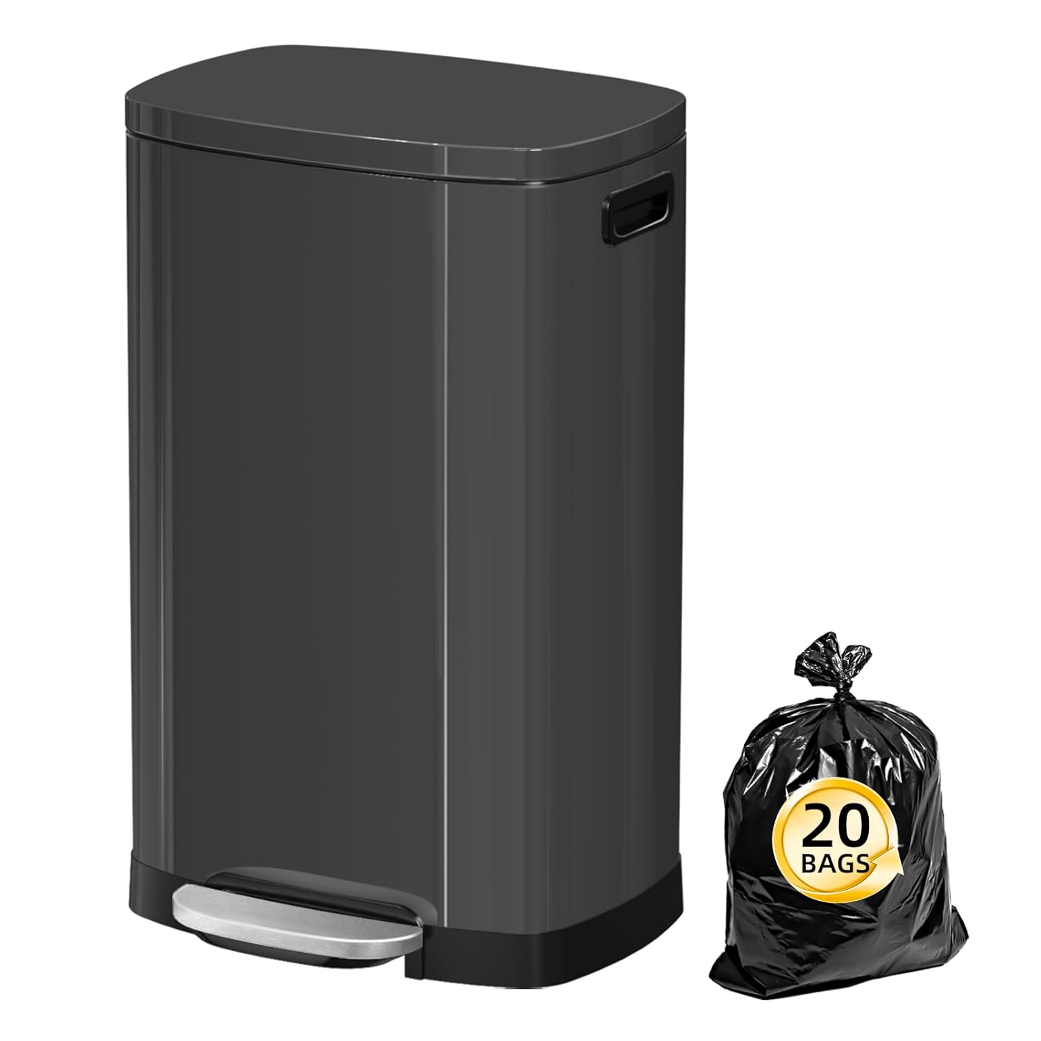 13 Gallon Trash Can with Lid, 50L Fingerprint Proof Stainless Steel Kitchen Trash Can with Removable Inner Bucket and Lid Soft Close, Pedal Rubbish Bin for Home Office, Titanium Black