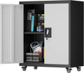 Metal Storage Cabinet with Wheels, Steel Mobile Garage Cabinets with Lockable Door and Adjustable Shelf, Metal Rolling Tool Cabinet, Utility Cabinet for Home, Office, Black+Gray
