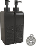 Ceramic Soap Dispenser Set, 2 Pack Kitchen Dispenser with Funnel, Non-Slip Silicone Pads, Liquid Hand and Dish Soap for Kitchen, Bathroom, Matte Black