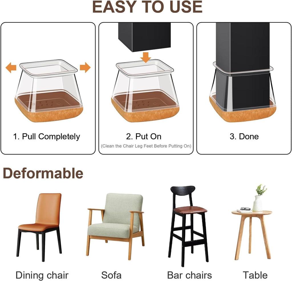 20 Pcs Chair Leg Floor Protectors for Hardwood Floors, Clear Rubber Furniture Sliders with Felt, Silicone Furniture Leg Caps Covers (Fit Square Diameter:13/16" to 1")