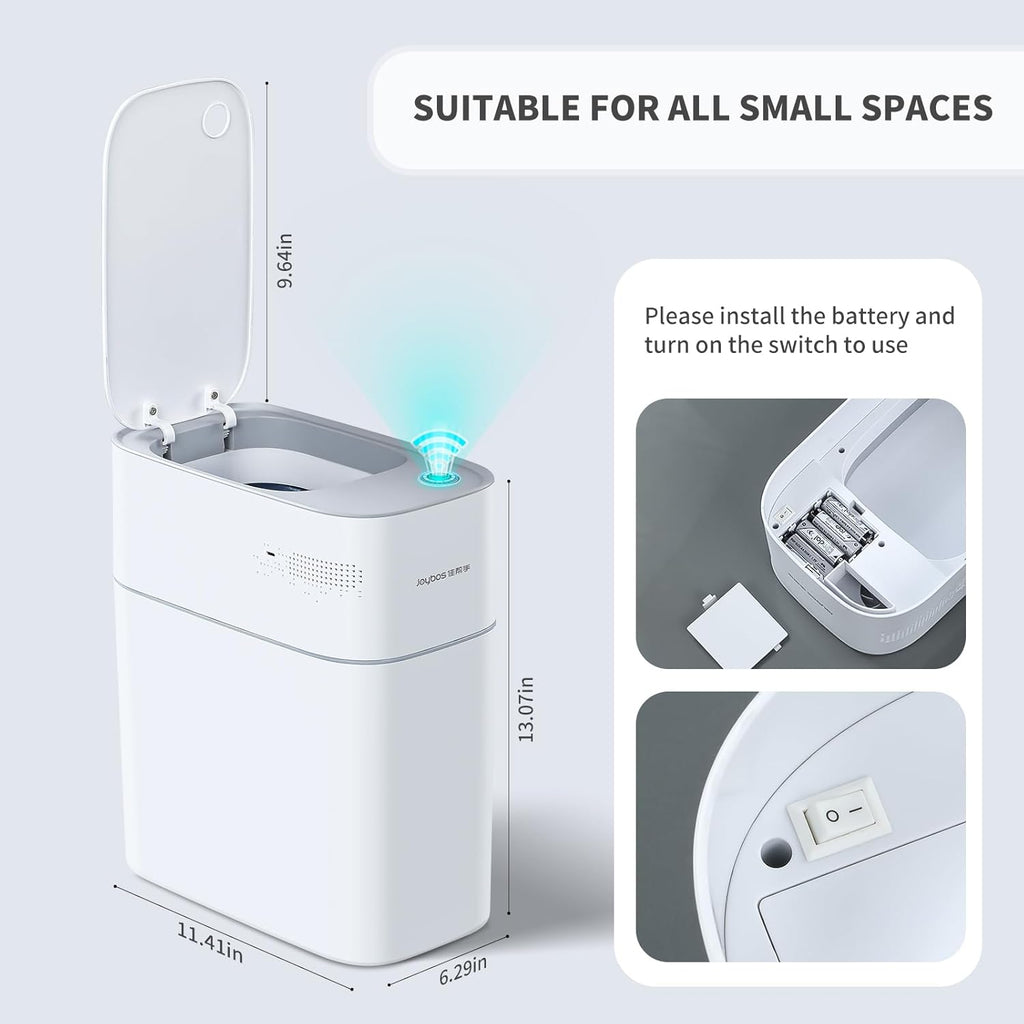 JOYBOS Small Bathroom Trash Cans with Lids,3.8 Gallon Slim White Plastic Automatic Garbage Can,Narrow Motion Sensor Waterproof Trash Bin for Bedroom, Toilet,Office