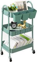 danpinera 3-Tier Rolling Cart, Metal Rolling Storage Cart with Lockable Wheels & Hanging Cups & Hooks, Mobile Trolley for Kitchen, Bathroom, Office, Workshop, Green