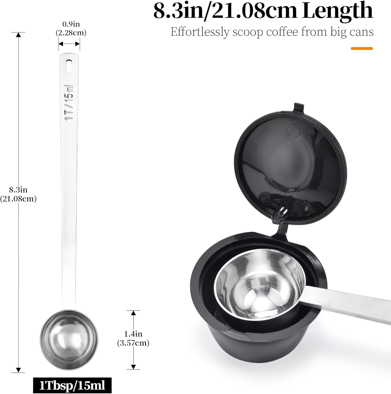 Long Handle Coffee Scoop: 8.3 Inch 18/8 Stainless Steel 1 Tablespoon Metal Measuring Spoon Tbsp Scoop for Coffee Beans, Grounds Coffee, Coffee Powder, Tea, Tall Jars (1Tbsp/15ml)