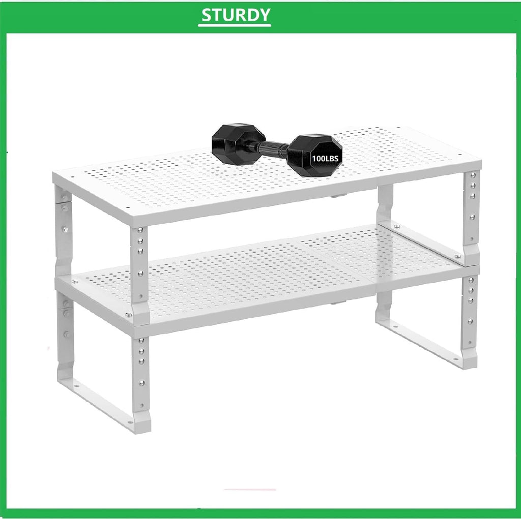 Metal Stackable Expandable Storage Shelf - Multi-Functional Home Storage Shelf, Suitable for Kitchen, Cabinet，Bathroom, Office, Garage, etc.（2PACKS/White/Medium