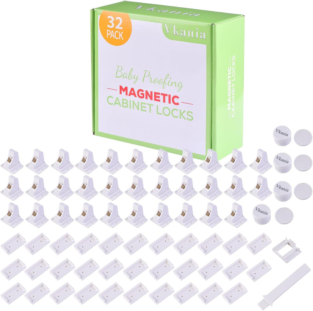 32 Pack Vkania Magnetic Cabinet Locks Baby Proofing - Baby Safety Latches for Drawers and Cabinets -Easy Installation No Drilling