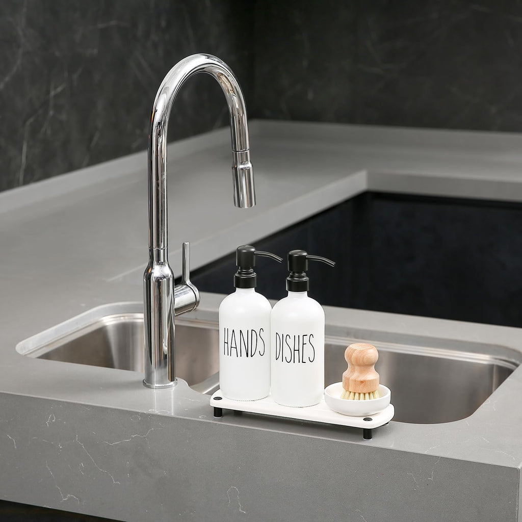 MOMEEMO White Soap Dispenser Set Comes with Stainless Steel Pumps, Instant Dry Tray, and Dish Scrub Brush, Suitable for Kitchen Accessories and Farmhouse Decor. (White)