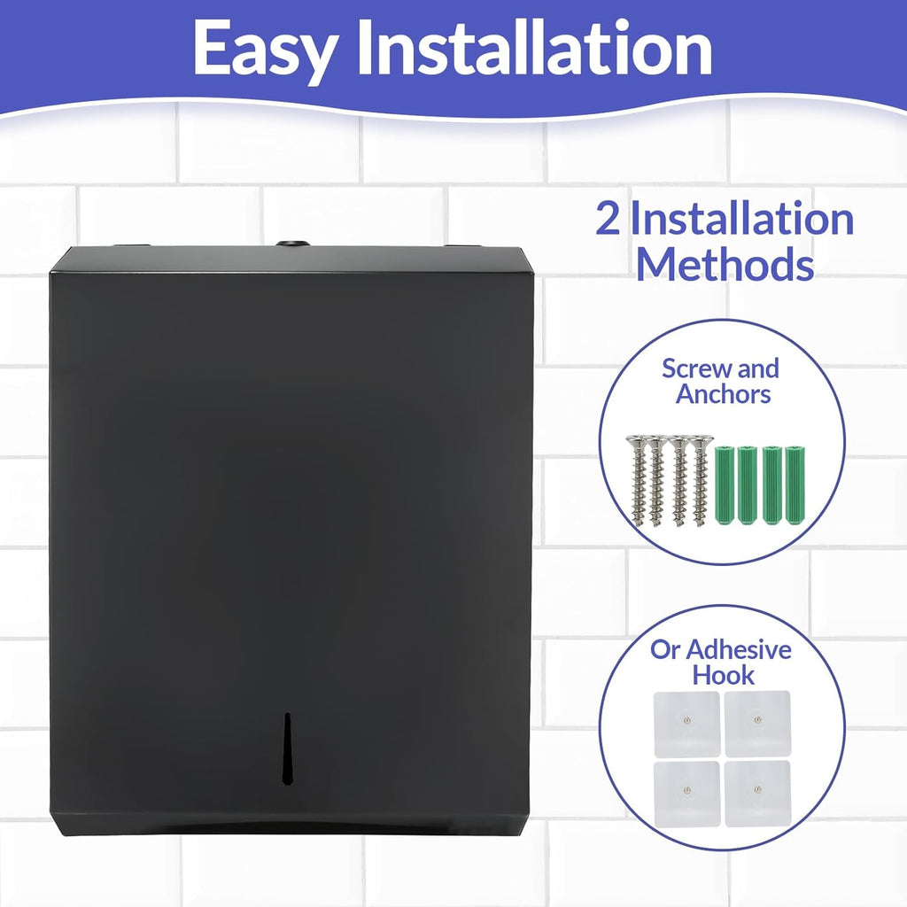 Paper Towel Dispenser Wall Mount, Matte Black Stainless Steel Commercial Paper Towel Holder with Lock, Large Capacity 400 C Fold/525 Multifold Towels