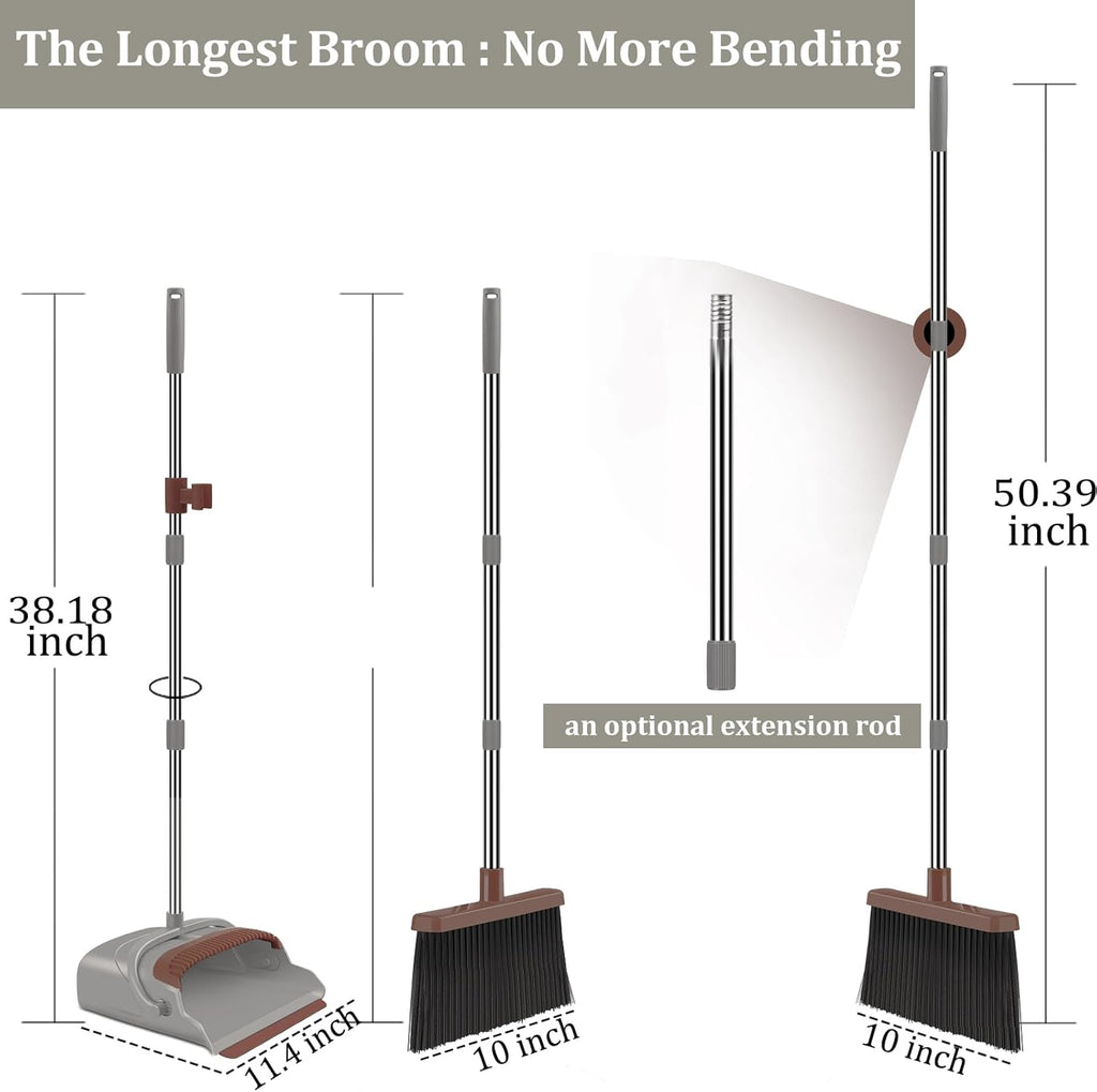 kelamayi Upgrade Broom and Dustpan Set, Self-Cleaning with Dustpan Teeth, Ideal for Dog Cat Pets Home Use, Super Long Handle Upright Stand Up Broom and Dustpan Set (Brown)