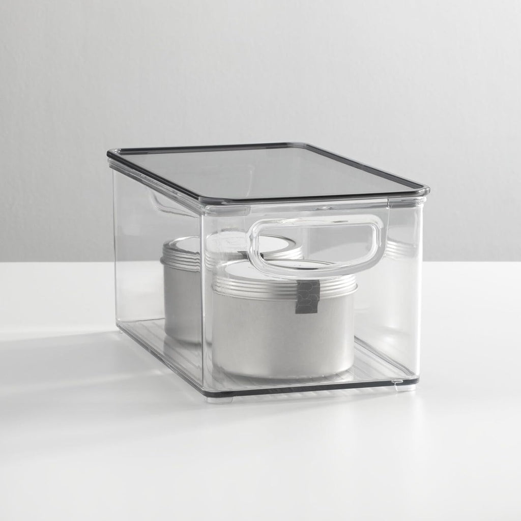 mDesign Plastic Deep Storage Bin Box Container with Lid and Built-In Handles - Organization for Fruit, Snacks, or Food in Kitchen Pantry, Cabinet, Cupboard, Ligne Collection, 6 Pack, Clear/Smoke Gray