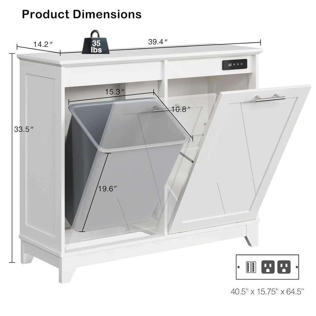 Double Tilt Out Trash Can Cabinet, 10 * 2 Gallon Garbage Trash Bin with Charging Station and Deodorizing Function, Dog-Proof Storage Cabinet for Hidden Bathroom Laundry Hamper, White