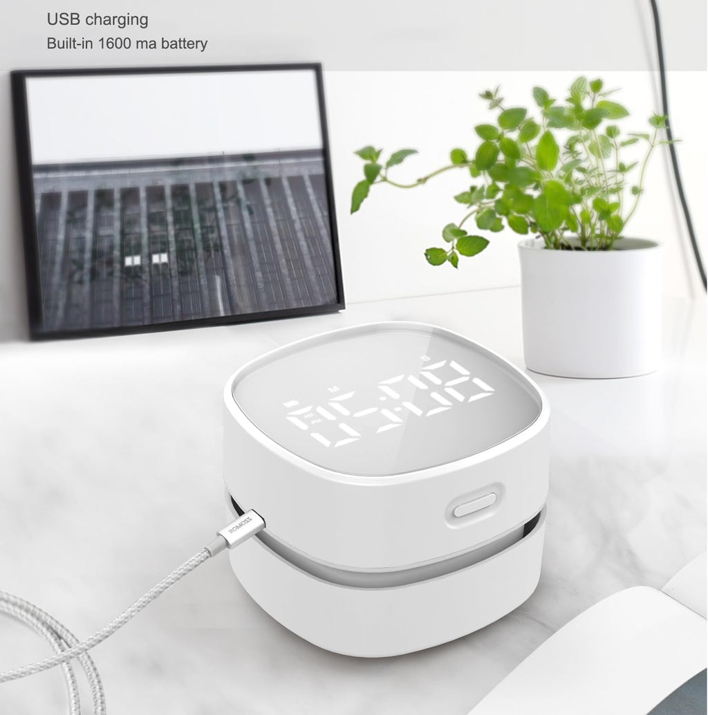 ODISTAR Counter Vacuum Cleaner,Mini Table dust Sweeper Energy with Digital Timer,Endurance up to 400 mins,360º Rotatable for Cleaning Rubber shavings,Crumbs Keyboard of Gifts for Kids(White)