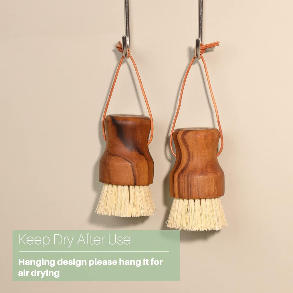 Teak Dish Scrub Brush 3PCS by HTB, Good Grip Small Wooden Dish Brush with Teak Handle & Sisal Bristles for Kitchen, Wood Cleaning Scrubbers Set for Washing Pan/Pot/Vegetable/Fruit