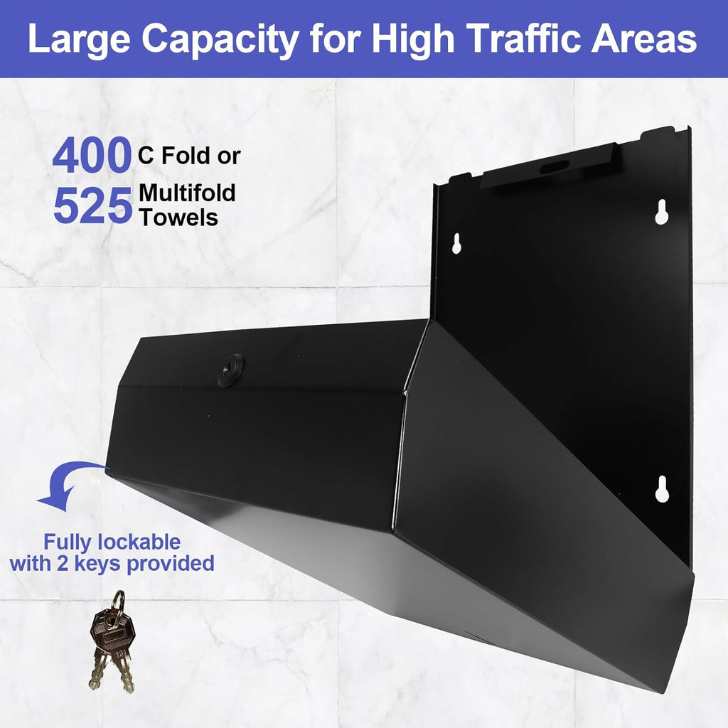 Paper Towel Dispenser Wall Mount, Matte Black Stainless Steel Commercial Paper Towel Holder with Lock, Large Capacity 400 C Fold/525 Multifold Towels