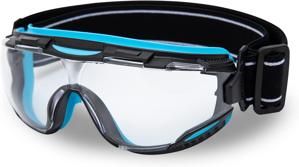 DEX FIT Protective Safety Goggles SG220; Anti Fog & Scratch, Z87 Eye Protection for Lab, Science, and Chemistry Work, Adjustable for Women and Men, (Black & Blue Frame, Clear Lens, 30cm Strap)