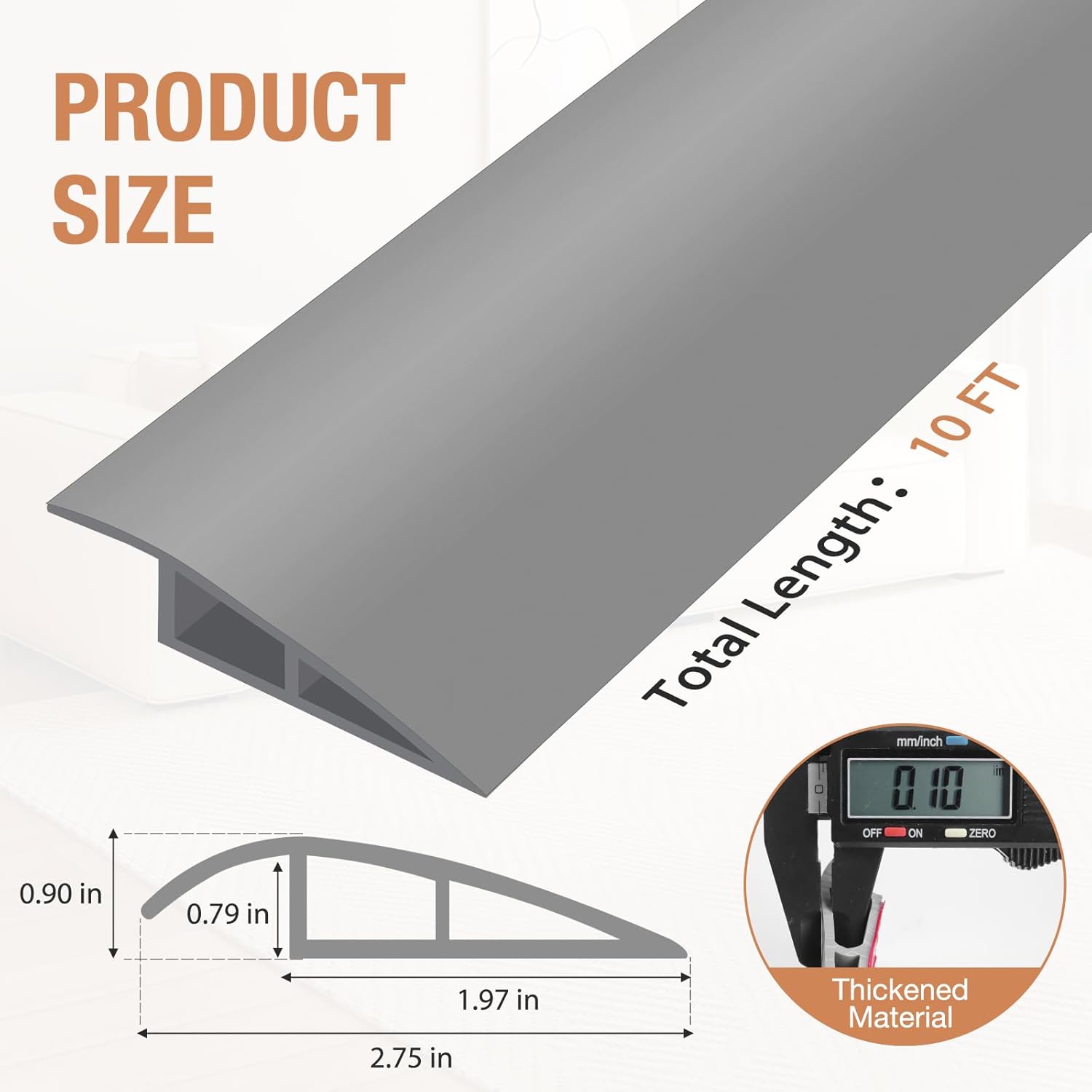 Floor Transition Strip Self Adhesive Vinyl Door Threshold for Doorways Carpet Edging Trim Overlap Edge Reducer for Laminate Floor, Carpet, Tile (Gray, 3/5" to 4/5", 10Ft)