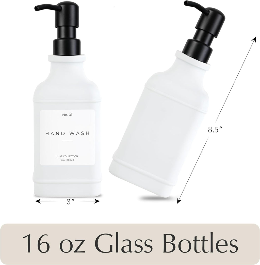 Emerson Essentials Glass Soap Dispenser Set – 16 oz 2-Pack – Refillable Dish & Hand Soap Dispensers for Kitchen or Bathroom – Stainless Steel Pump & Waterproof Labels Included