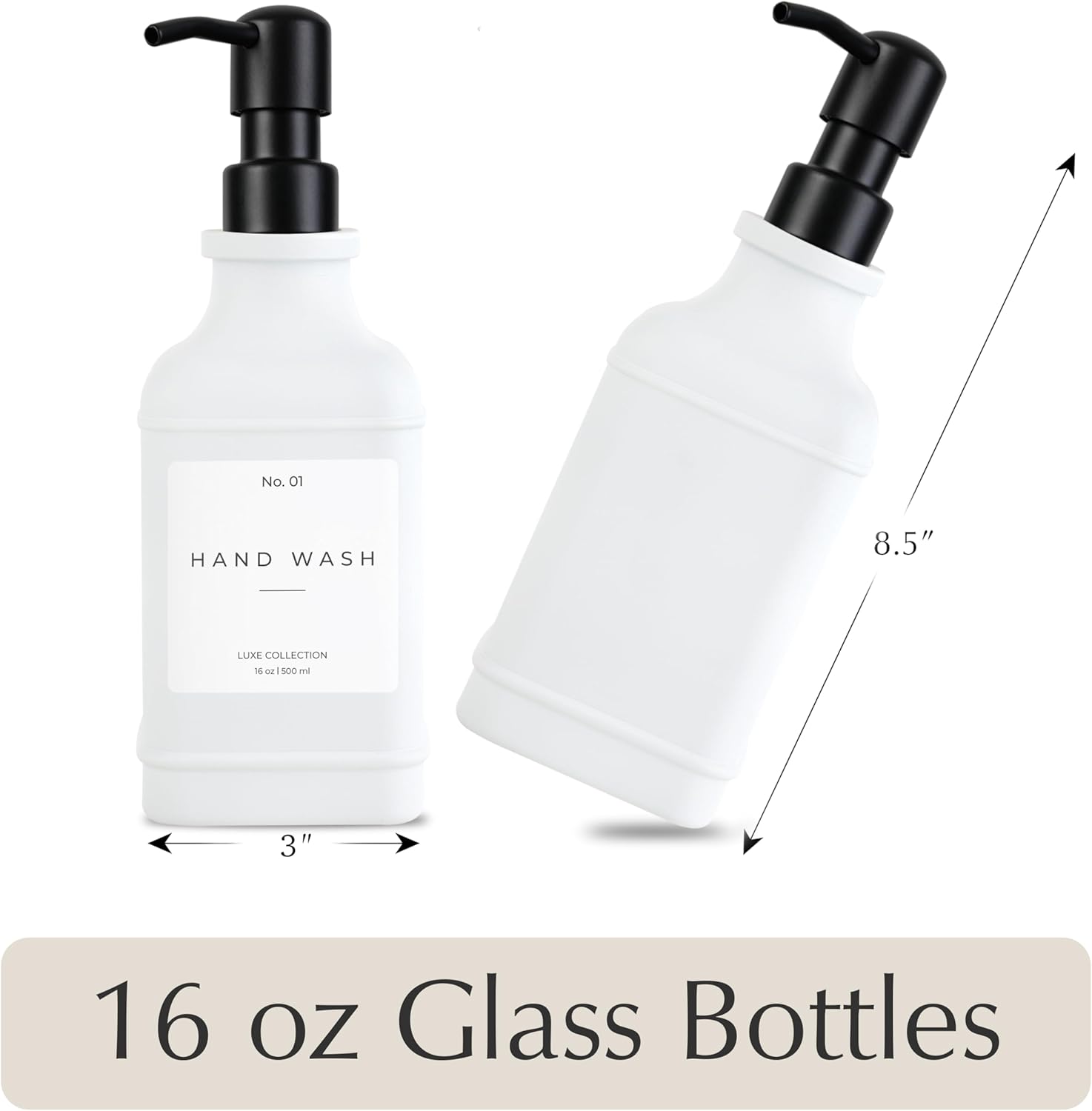 Emerson Essentials Glass Soap Dispenser Set – 16 oz 2-Pack – Refillable Dish & Hand Soap Dispensers for Kitchen or Bathroom – Stainless Steel Pump & Waterproof Labels Included