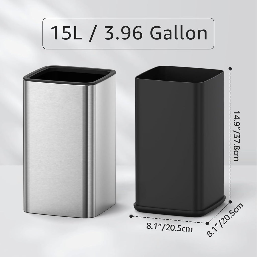 Mbillion 4 Gal/15L Open top Trash Can with Removable Inner Bucket Small Waste Basket, Metal Trash Can for Bathroom Office,Stainless Steel