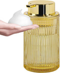 Amber Foaming Soap Dispenser, Glass Foam Hand Soap Dispenser with Gold Pump, 11 Oz Bathroom Refillable Liquid Lotion Pump Ribbed Bottle Container for Kitchen Countertop Decor
