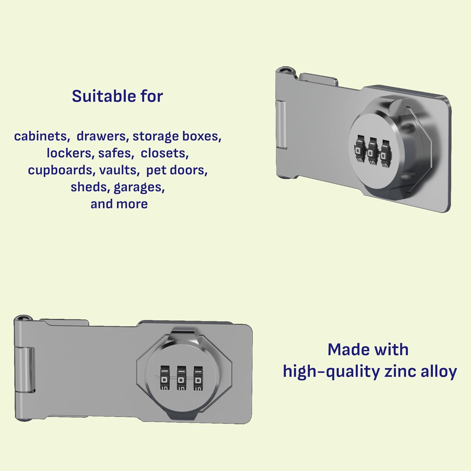 Keyless Combination Lock 3-Digit Combination Lock for Doors & Drawers Twist Knob Hasp Latch Lock with Password Code Zinc Alloy Latch for Kitchen Cabinets, Drawers, Cupboards (Silver)