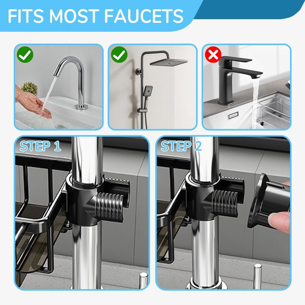 Sink Organizer Rack for Kitchen and Bathroom, 2024 New Kitchen Sink Faucet Organizer with Drip Tray Faucet Sponge Holder (Silver, Right)