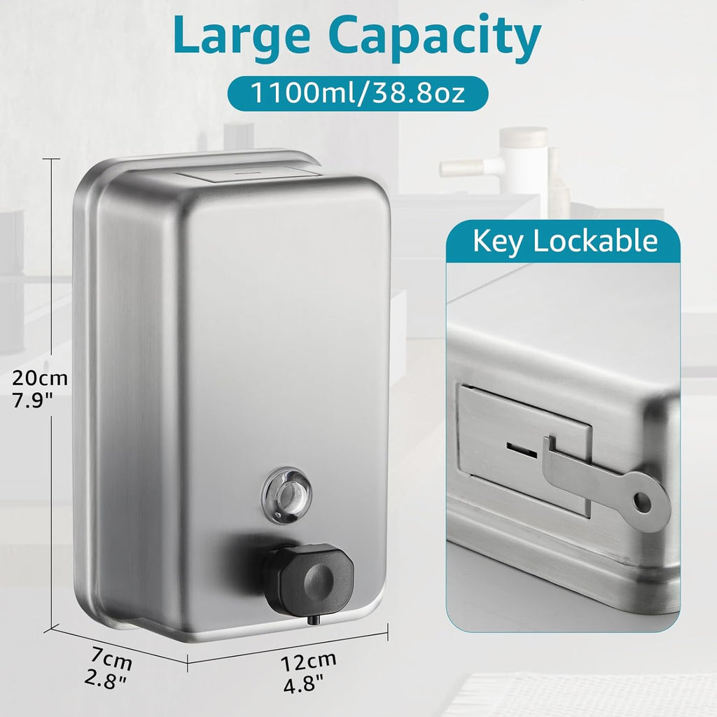 Commercial Wall Mount Soap Dispenser - Stainless Steel Bathroom Hand Soap 38.8oz Liquid - Anti-Leak Pump and Large Capacity Brushed Refillable