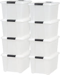 IRIS USA 33 Qt Stackable Plastic Storage Bins with Lids, 8 Pack - BPA-Free, Made in USA - Discreet Organizing Solution, Latches, Durable Nestable Containers, Secure Pull Handle - Pearl