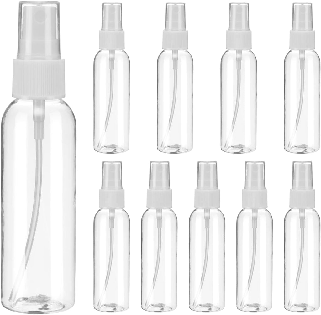 uxcell 10 Pack Spray Bottles, 2 Oz/60ML Clear Empty Mist Plastic Mini Travel Bottle Set,Small Refillable Liquid Containers for Household Use, Essential Oil, Cleaning (Transparent White)