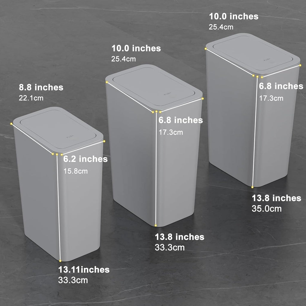 N. NETDOT Bathroom Trash Can with Lid 3 Pack Set, 2 Packs 4 Gal Slim Kitchen Trash Can and 1 Pack 2.6Gal Garbage Can, Small Trash Bin/Waste Basket for Bedroom (Grey, Pack of 3)