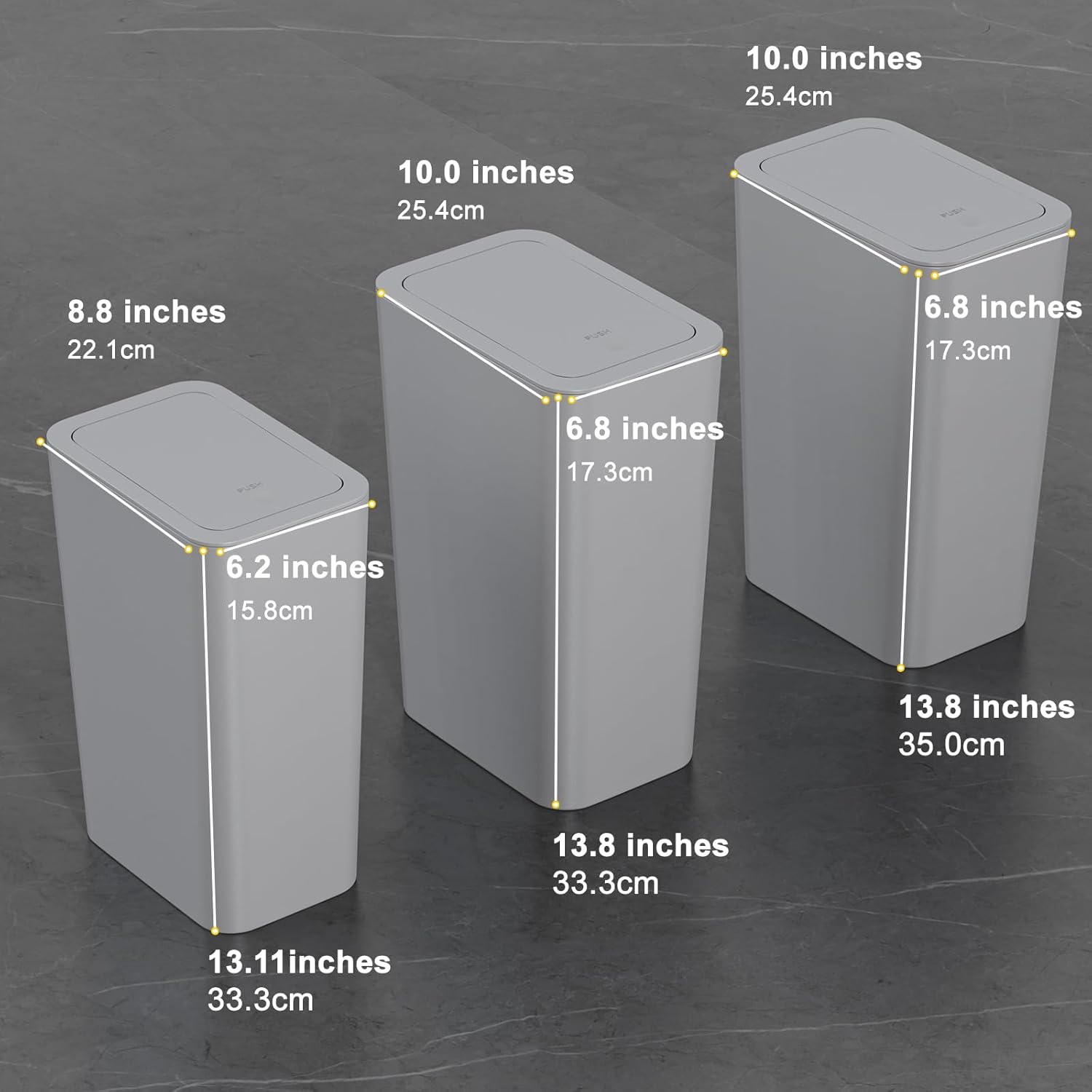 N. NETDOT Bathroom Trash Can with Lid 3 Pack Set, 2 Packs 4 Gal Slim Kitchen Trash Can and 1 Pack 2.6Gal Garbage Can, Small Trash Bin/Waste Basket for Bedroom (Grey, Pack of 3)