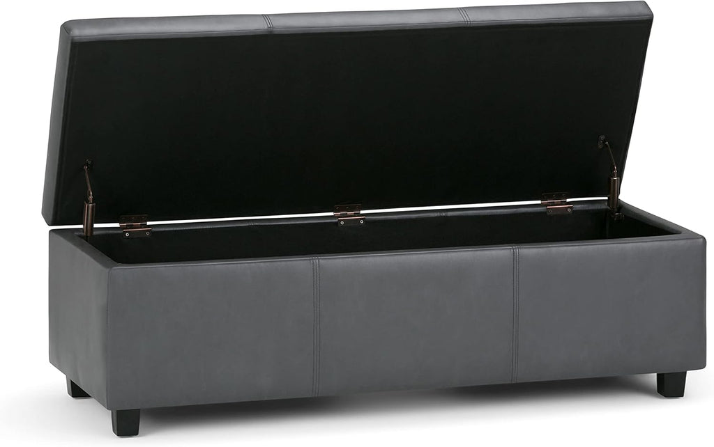 SIMPLIHOME Avalon 48 inch Wide Contemporary Rectangle Storage Ottoman Bench in Stone Grey Vegan Faux Leather, Assembled, For the Living Room, Entryway and Family Room