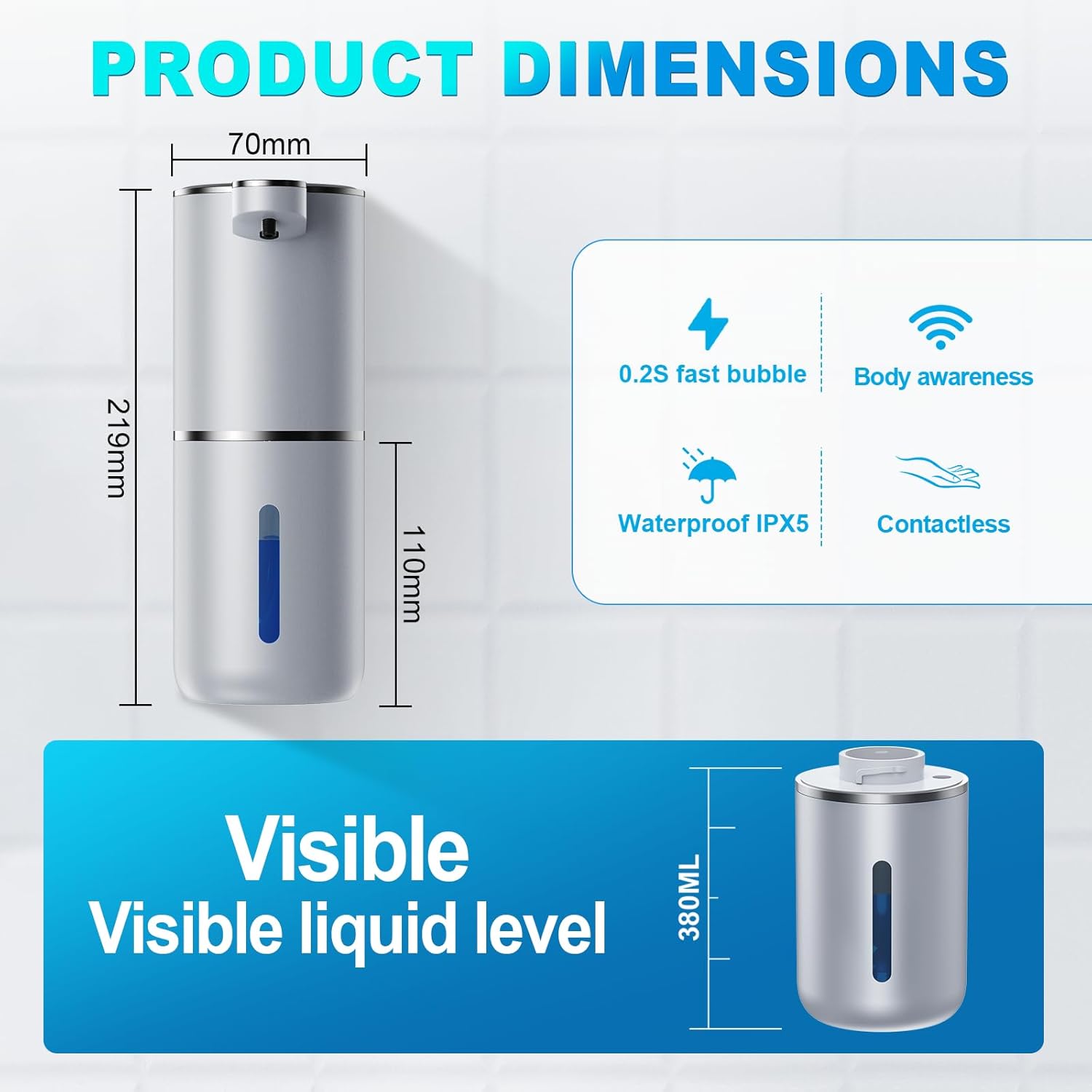 Automatic Liquid Soap Dispenser,380ml Wall Mount Touchless 4 Gear Adjustable Electric Liquid Soap Dispenser,USB Rechargeable with Sensor for Bathroom,Kitchen,Office