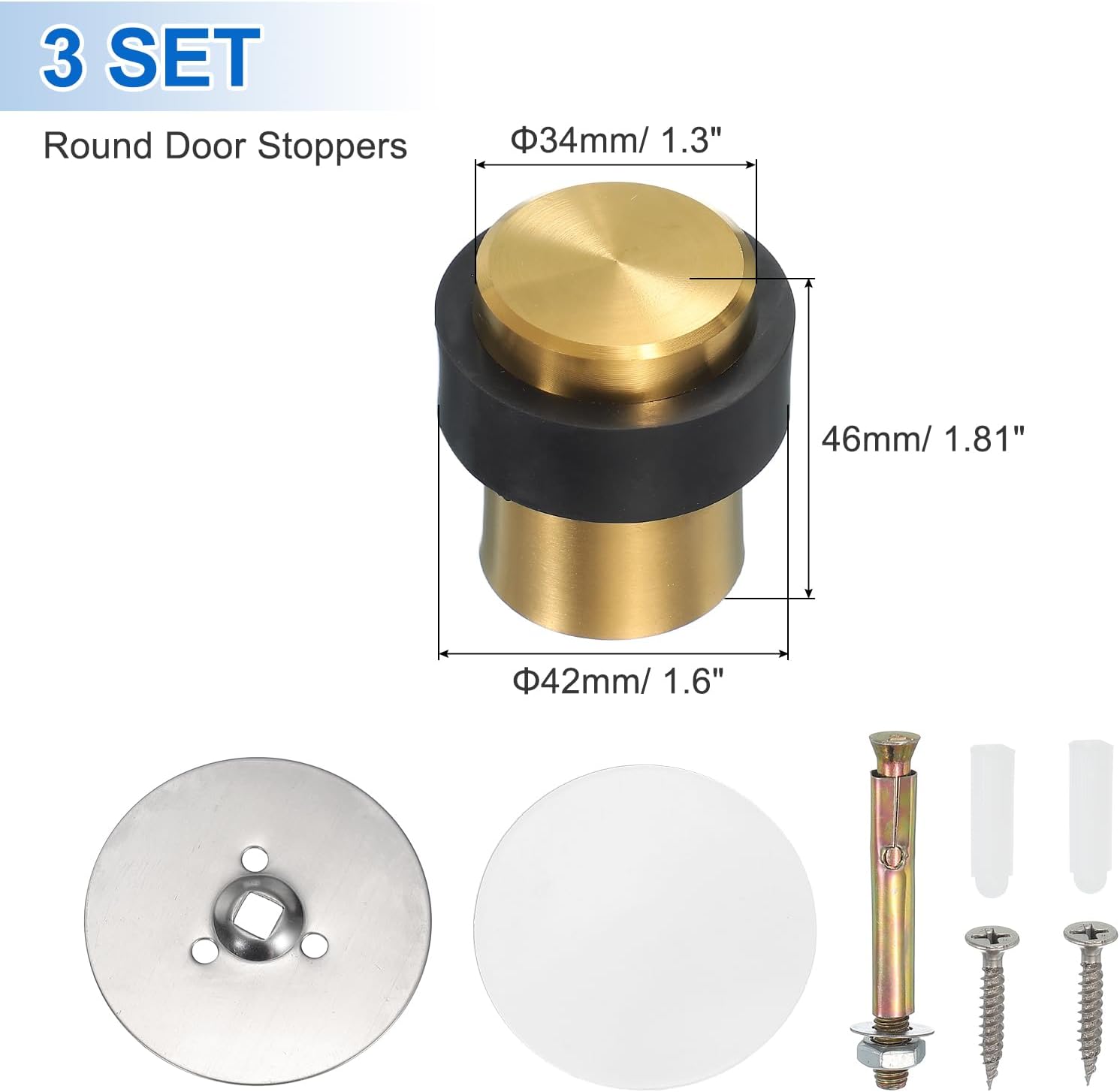 PATIKIL 3Set Round Door Stoppers, 46mm Stainless Steel Door Stop Doorstop Wedge Metal Cylinder Self Adhesive with Screw for Bottom of Door Floor Inside, Gold Tone
