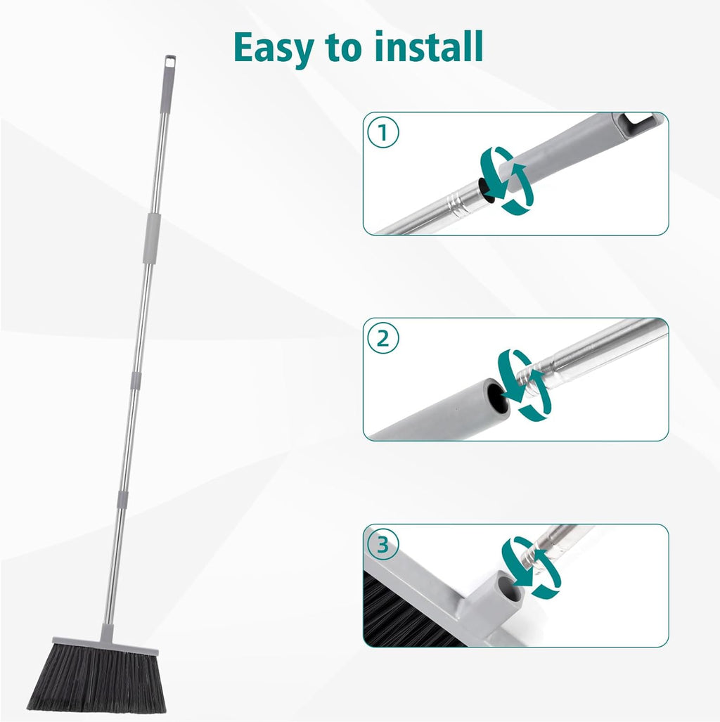 PBHEPJ Broom, Outdoor Broom for Floor Cleaning, 58" Long Stainless Steel Handle, Hard Bristle Angle Broom for Sweeping Indoor, Commercial, Industrial, Garage, Kitchen