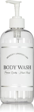 Refillable Clear PET Plastic 16 oz Body Wash Bottle with White Plastic Pump Dispenser - Chrome Accent Waterproof Labeled Bottle