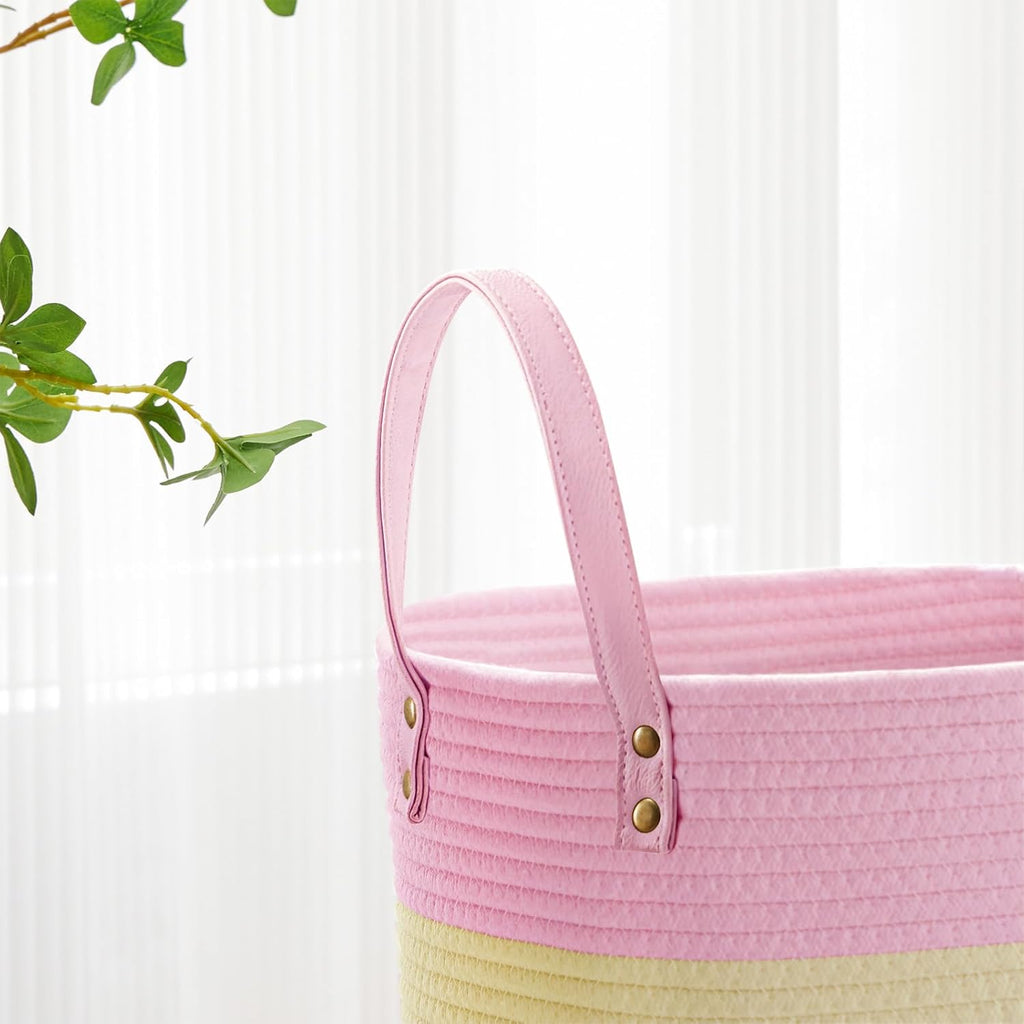 VIPOSCO Tall Laundry Basket, Large Dirty Clothes Hamper with Leather Handle, Woven Rope Storage Basket for Blanket, Toy In Living Room, Bathroom, Bedroom - 58L Rainbow