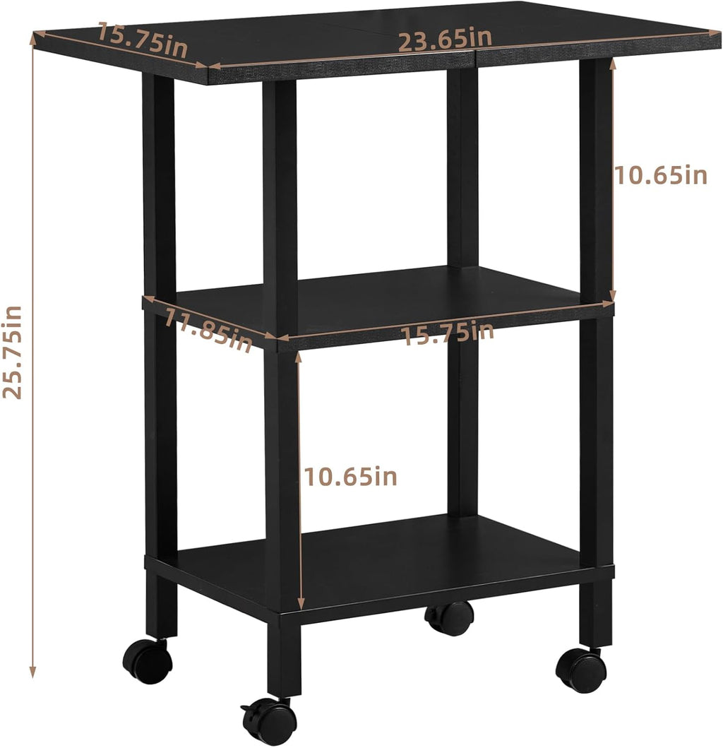 Lerliuo 3 Tier Printer Stand with Storage, Printer Table for Home Office, Wooden Rolling Printer Cart Shelf with Lockable Wheels fit Fax Machine, Scanner(Black)