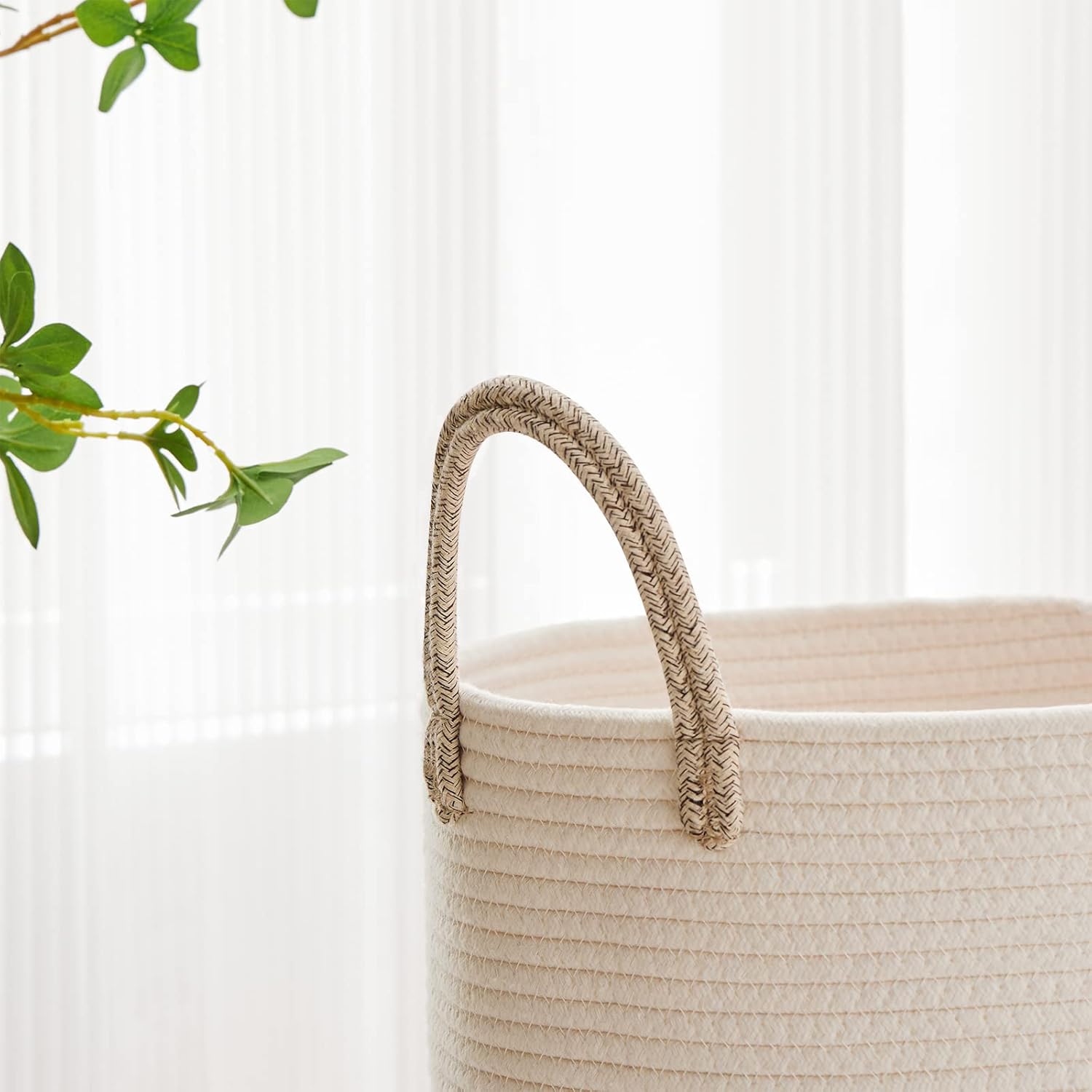 VIPOSCO Large Laundry Hamper, Tall Woven Rope Storage Basket for Blanket, Toys, Dirty Clothes in Living Room, Bathroom, Bedroom - 72L White & Brown