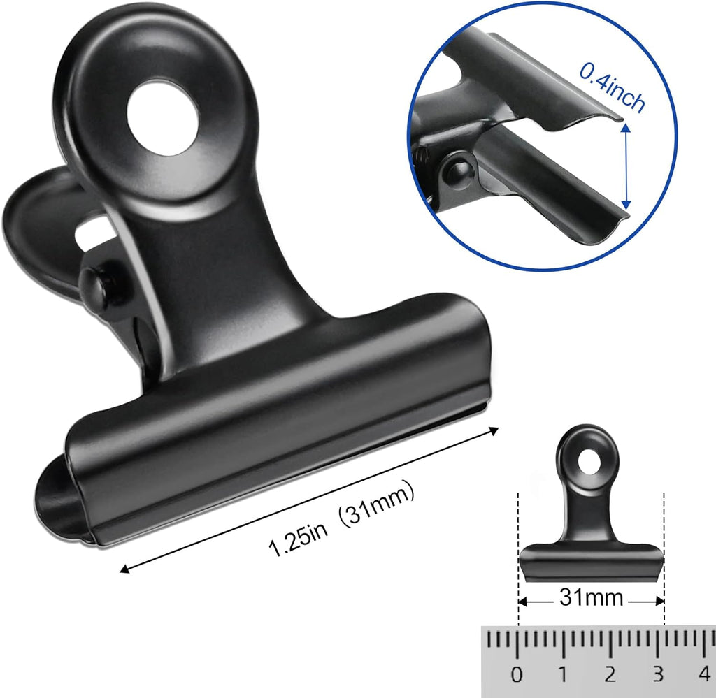 30 Pack Bulldog Clips 1.25 Inches Small Hinge Paper Clips Metal Hinge Clips for Crafts, Food Bags, Drawings, Photos at Home Kitchen & Office Usage, Black, 31mm
