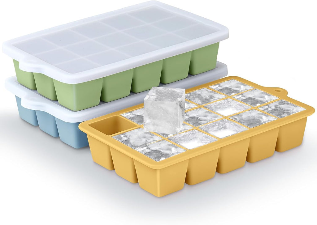 Silicone Ice Cube Trays 3Packs, Easy Release Ice Cube Molds with Lid, Freezer Stackable Ice Maker for Whiskey, Baby Food, BPA Free (3, Blue+Green+Yellow)