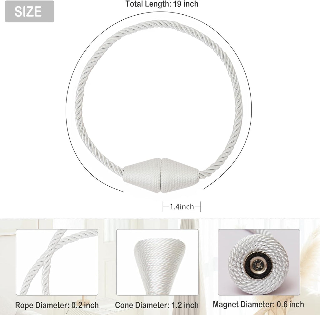 Magnetic Curtain Tiebacks 8 Pack Outdoor Rope Curtain Tie Backs Decorative Window Treatment Holdbacks for Home Decorative Curtain, White