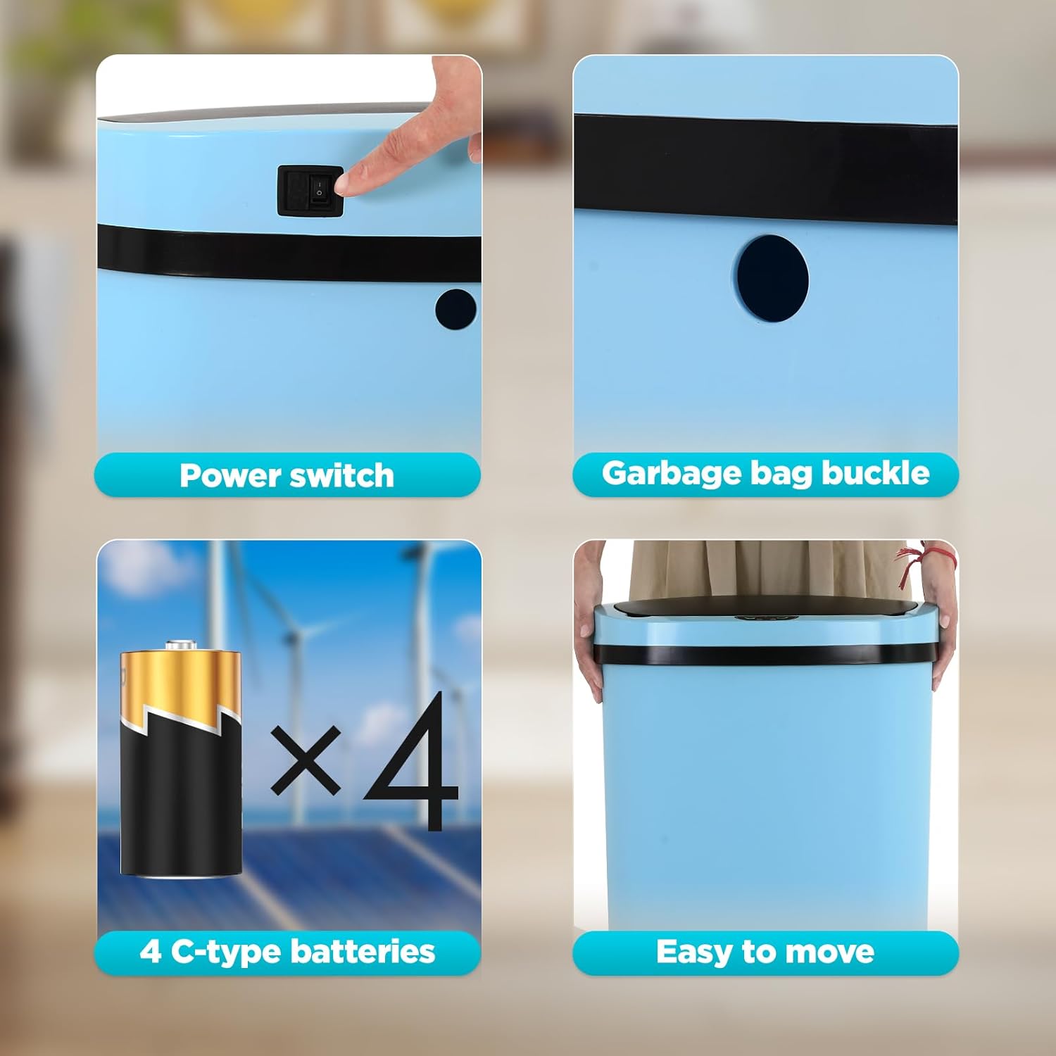 Automatic Motion Sensor Bathroom Trash Can with Lid, 13 Gallon Touchless Trash Bin, Smart Dog Proof Garbage Can, Touch Free Waste Basket for Toilet, Office, Bedroom,Blue,2