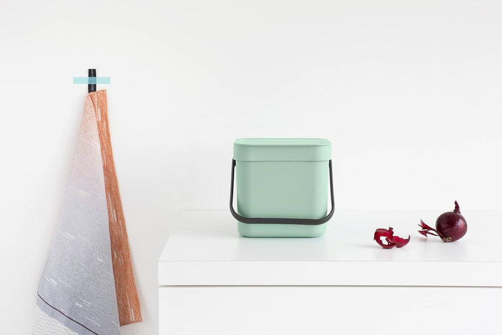 Brabantia Sort & Go Food Trash Can (0.8 Gal/Jade Green) Small Countertop Kitchen Compost Caddy with Handle & Removable Lid, Easy Clean