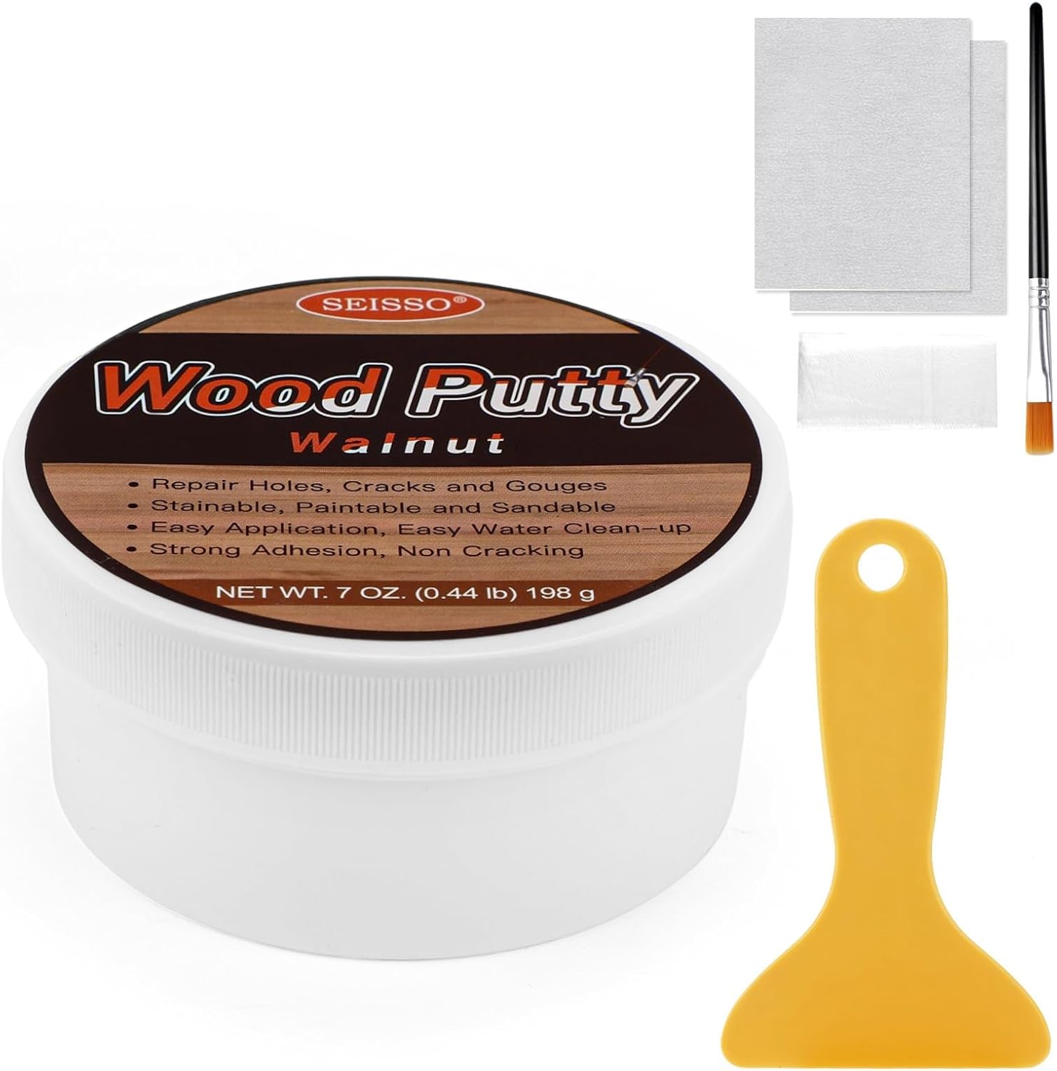 SEISSO Wood Filler, Walnut Wood Putty for Trim, Wood Filler Paintable, Stainable, Water-Based Wood Putty Filler Outdoor, Wood Repair Kit - Restore Wooden Table, Cabinet, Floors, Door
