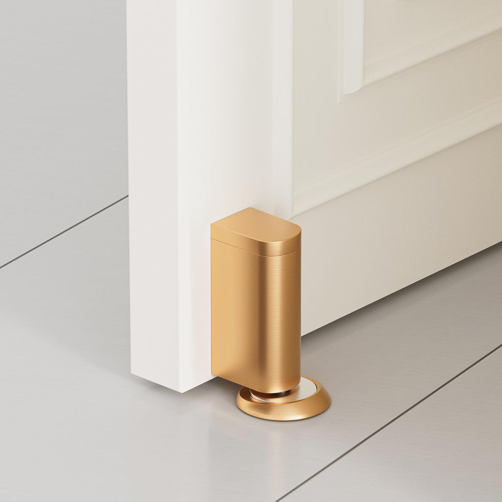 Windproof Magnetic Door Stoppers, 0-0.78" Stroke Mechanical Doorstop, No-Hole Flooring Door Suction with 3M Strong Adhesive and Screws, Gold, 1 Pack