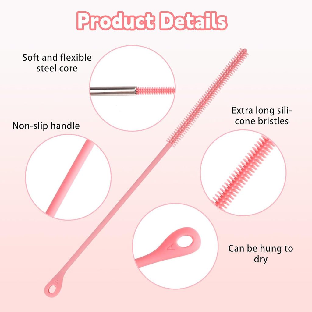 2pcs Silicone Straw Cleaner Brush, 9.5in Extra Long Reusable Straw Brush for Stanley, Metal, Glass Straws, Bendable Travel Drinking Bottle Lid Cleaning Tool for Crevice Pipe Tube (Pink)