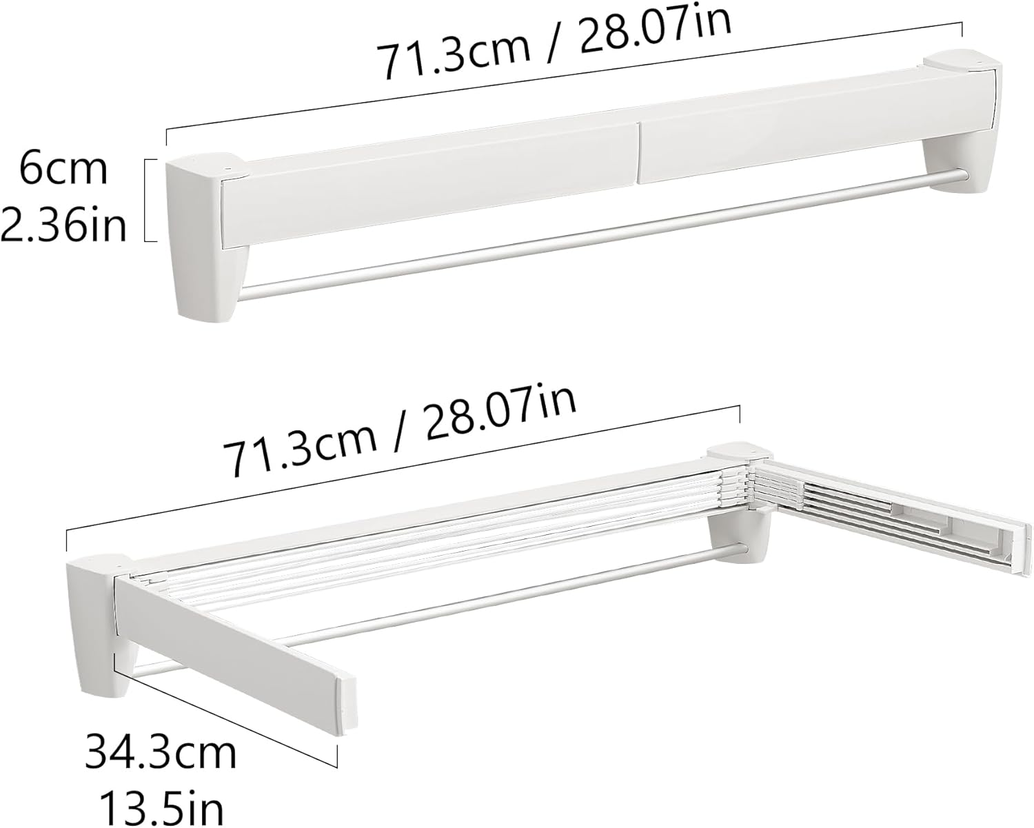 JOOM Laundry Drying Rack Collapsible, Wall Mounted Drying Rack, Clothes Drying Rack, Retractable Drying Racks, 27.5" Wide, 5 Aluminum Rods with Hooks, 60 lb Capacity (White 27.5" with Hooks)