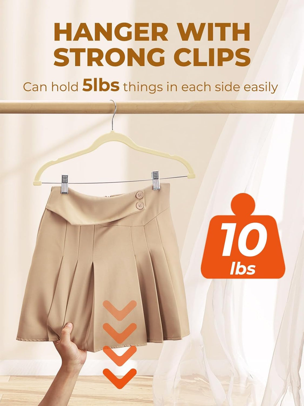 HOUSE DAY Velvet Skirt Hangers 36 Pack, Beige Velvet Pant Hangers with Adjustable Clips, Space Saving Slim Shorts Hanger, Heavy Duty Non Slip Clip Hanger for Pants, Skirts, Shorts
