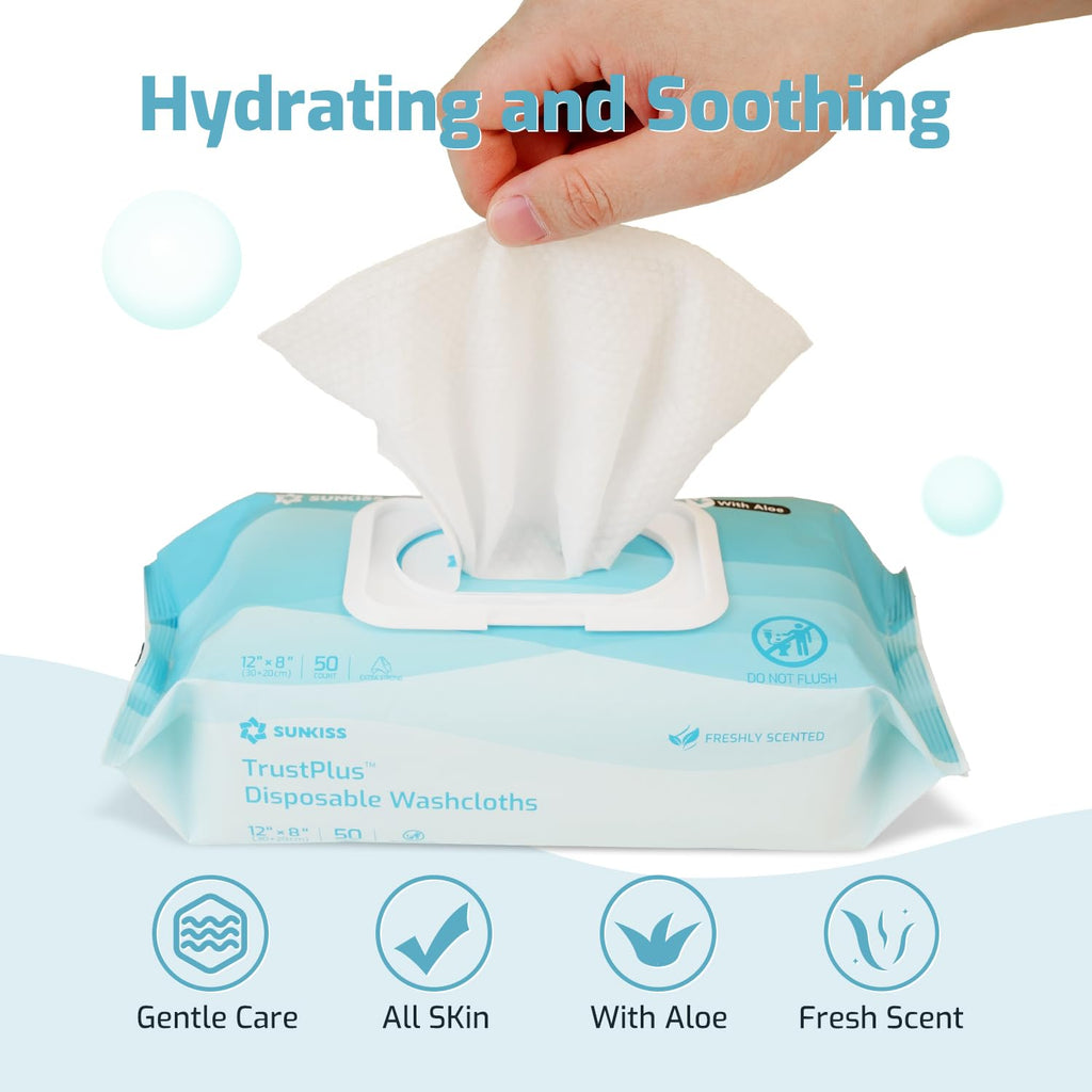 SUNKISS Trustplus Wet Wipes for Adult No Rinse, Extra Large 8”x12” Body Cleaning Washcloths for Elderly Incontinence & Cleansing, Fresh Scented, 50 Count